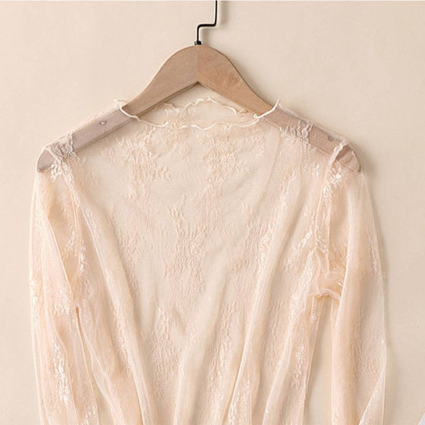 Sheer Lace Mesh Long Sleeve Top Caramel