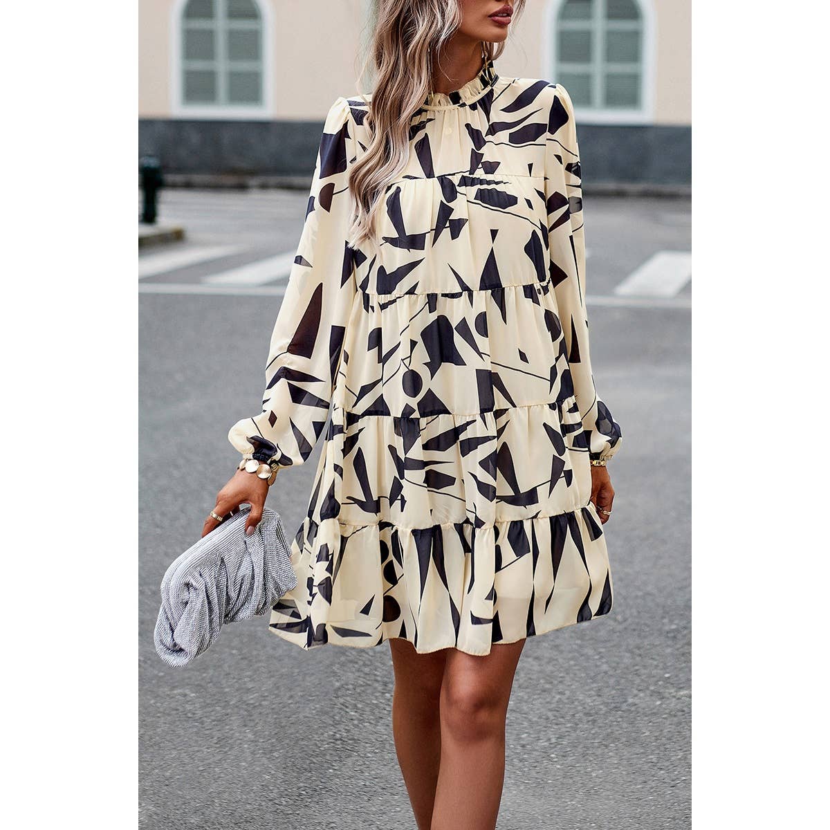 Beige Abstract Long Sleeve Dress
