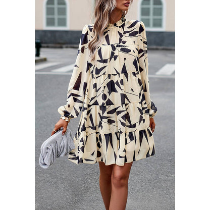 Beige Abstract Long Sleeve Dress