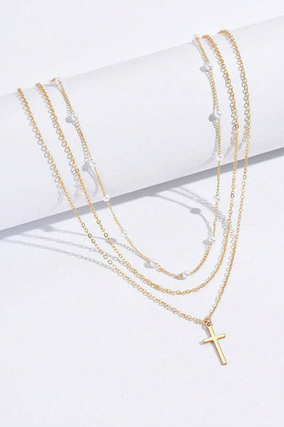 Gold Cross Pendant Pearl Triple Layer Necklace