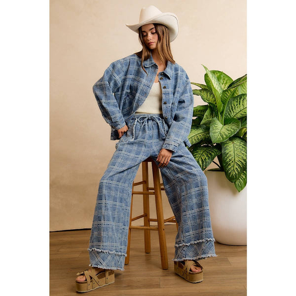 Frayed Plaid Wide Leg Jeans W/Pockets