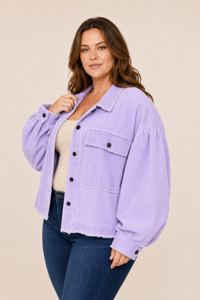 Lavender Raw Hem Oversized Corduroy Jacket