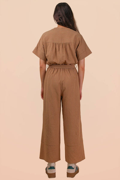 Camel Half Button Down Stripe Linen Jumpsuit
