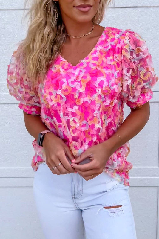 BonBon Floral Mesh Puff Sleeve Blouse