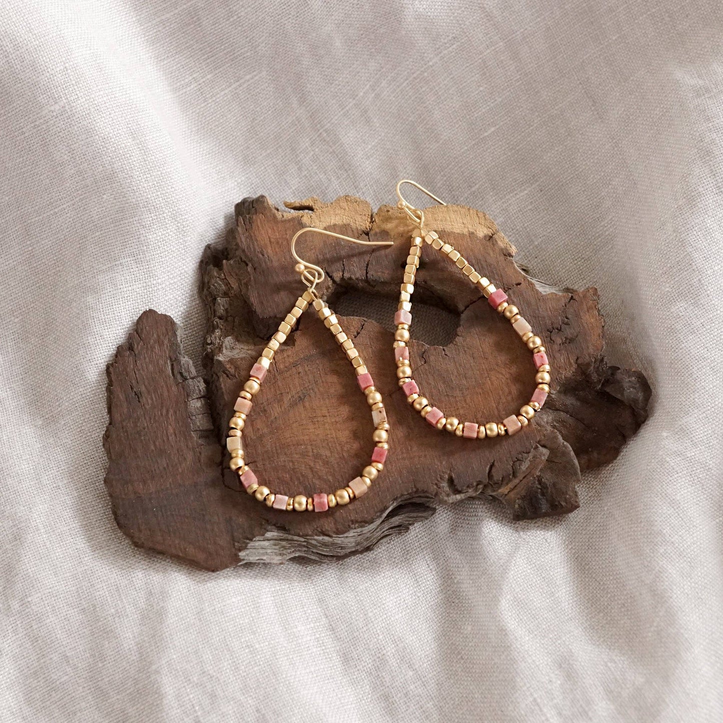 Red Natural Stone & Gold Beaded Teardrop Earrings