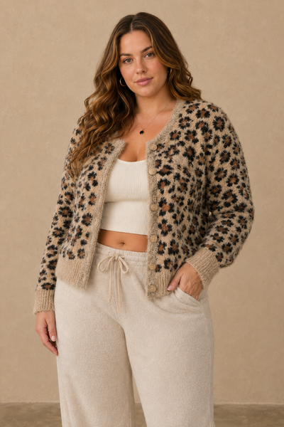 Taupe Fuzzy Leopard Button Cardigan