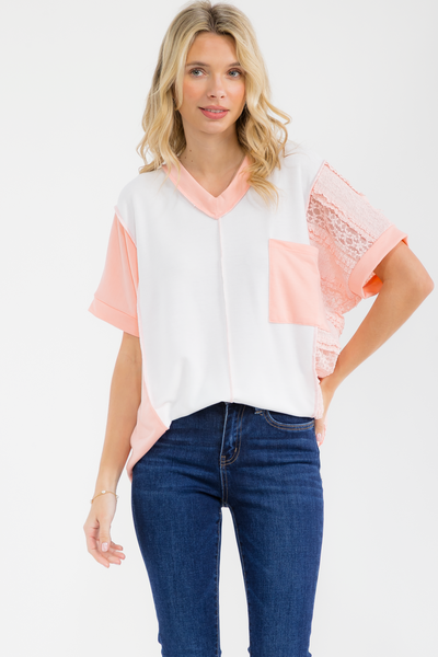 Mixed Media Lace V Neck Top Peach