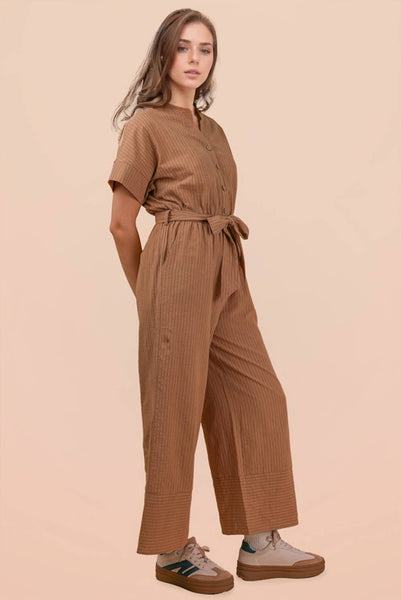 Camel Half Button Down Stripe Linen Jumpsuit