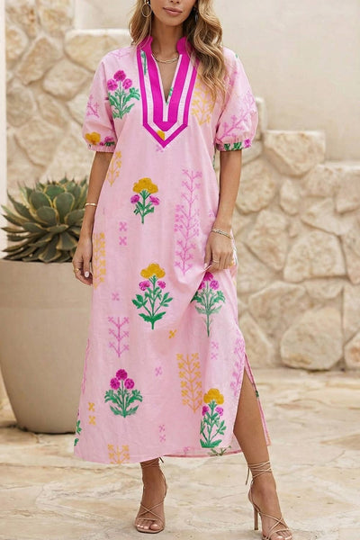 Pink Floral V Neck Dress