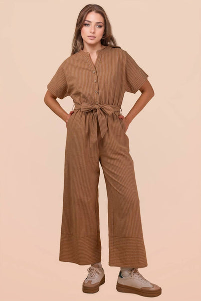 Camel Half Button Down Stripe Linen Jumpsuit
