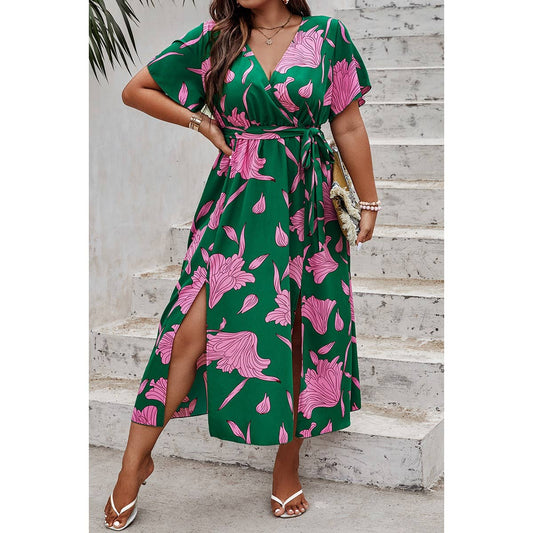 Floral Split Belted Midi Dress
