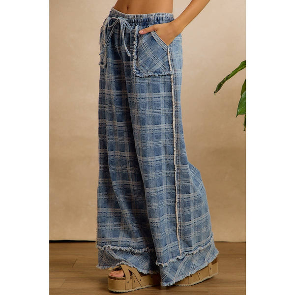 Frayed Plaid Wide Leg Jeans W/Pockets