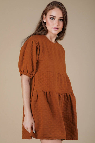 Camel Quilted Knit Mini Dress