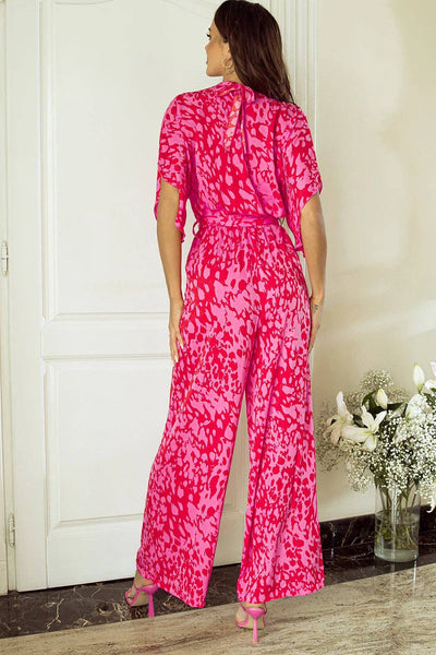 Rose Leopard Belted Wide Leg Jumpsuit