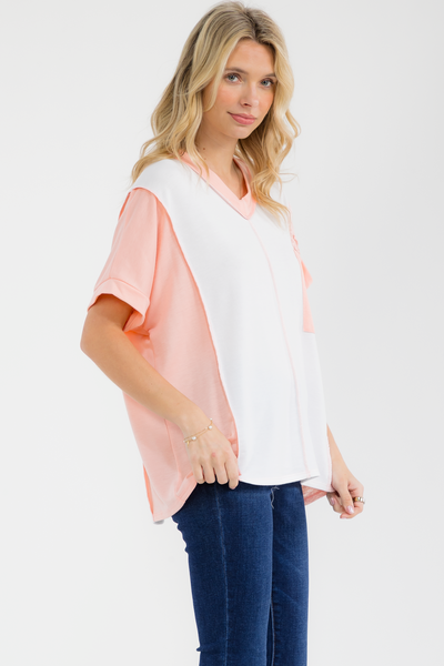 Mixed Media Lace V Neck Top Peach