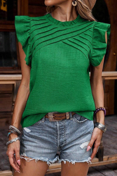Ruffle Sleeve Pleated Top Green