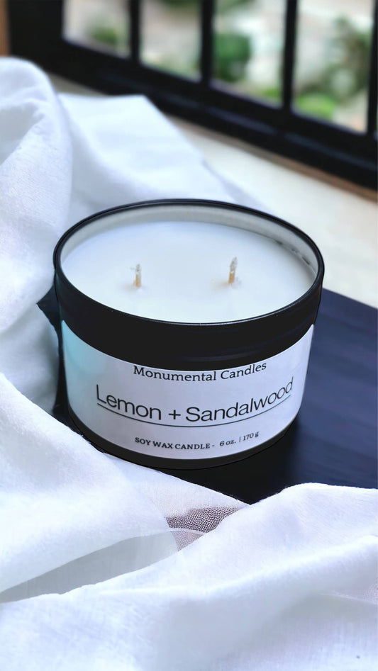 Lemon + Sandalwood - 6 oz Matte Black Tin Candle