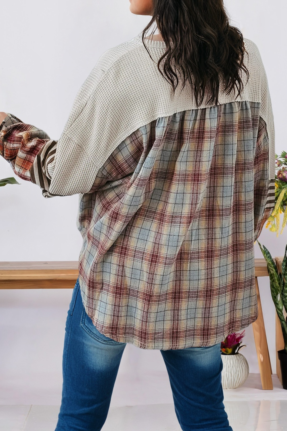 Waffle Colorblock Plaid Half Button Pullover