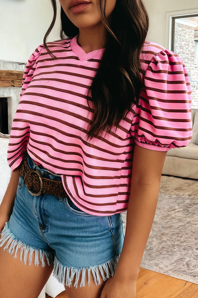 Rose Stripe V Neck Short Puff Sleeve