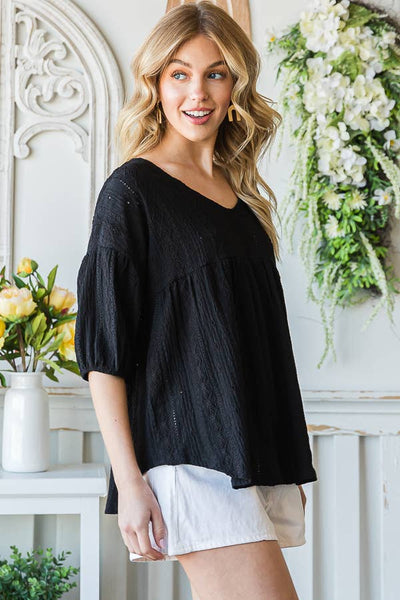 Eyelet Embroidered V-Neck Puff Sleeve Black