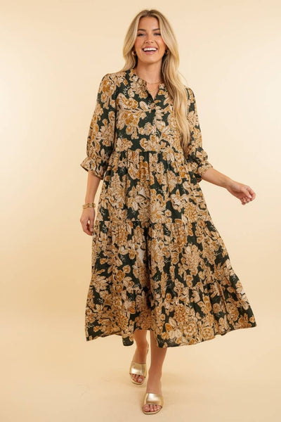 Olive Floral Tiered Ruffle Sleeve Long Dress