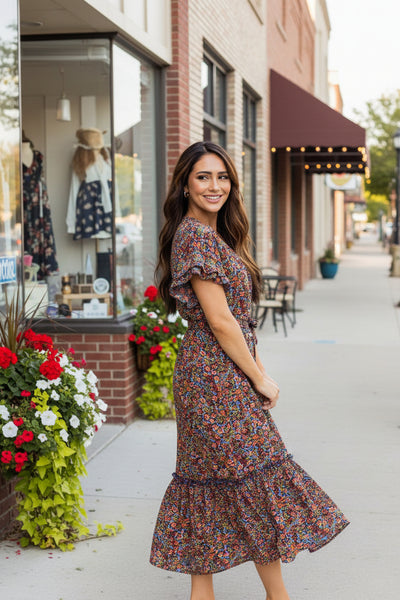 Blue Floral Belted Whitney Dress