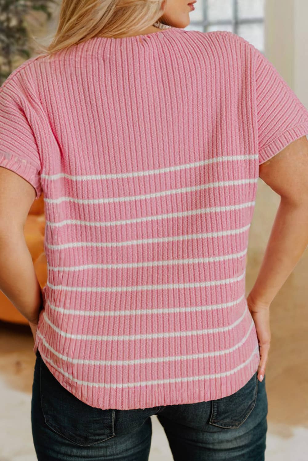 Pink Striped Short Sleeve Sweater