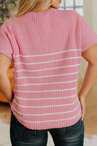 Pink Striped Short Sleeve Sweater