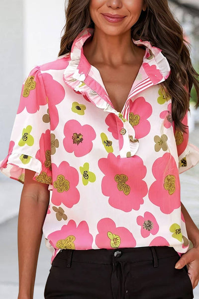 Sassy Floral Ruffle Striped Collar Top