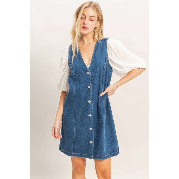 V-Neck Button-Front Denim Dress