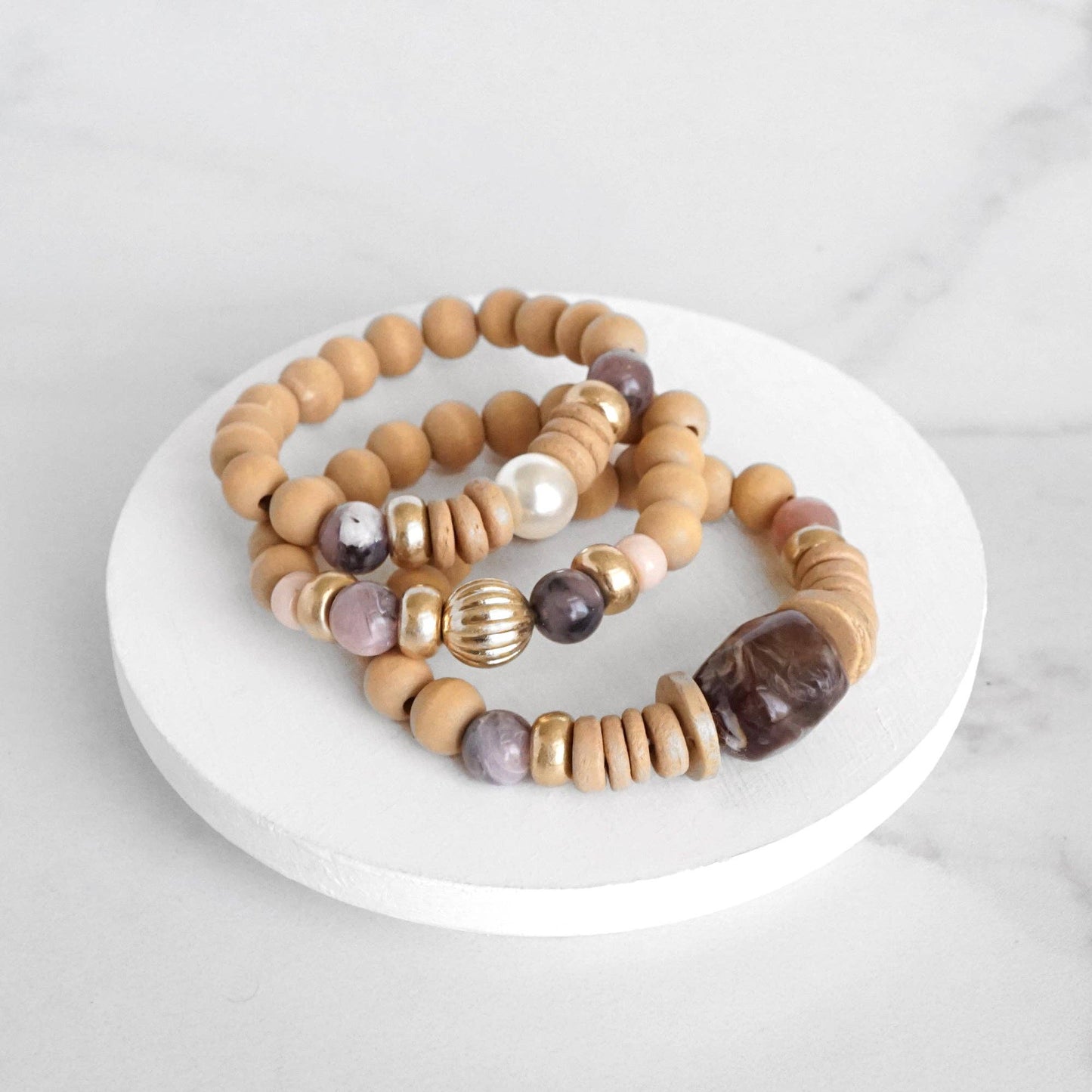 Purple Neutral Chunky Beaded Bracelets Set