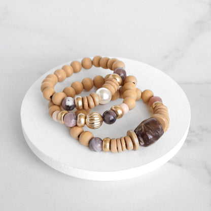 Purple Neutral Chunky Beaded Bracelets Set