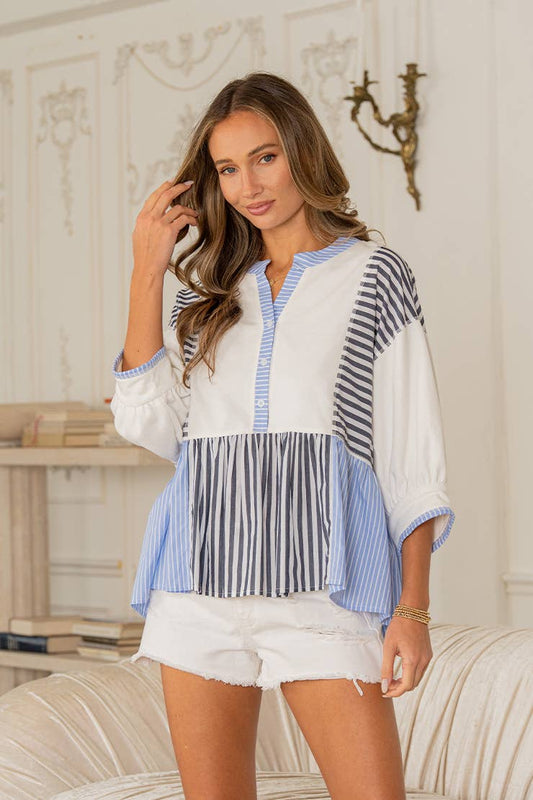Denim Blue and White Striped Peplum Top