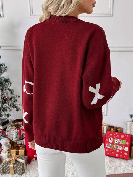 Burgundy Coquette Bow Print Sweater