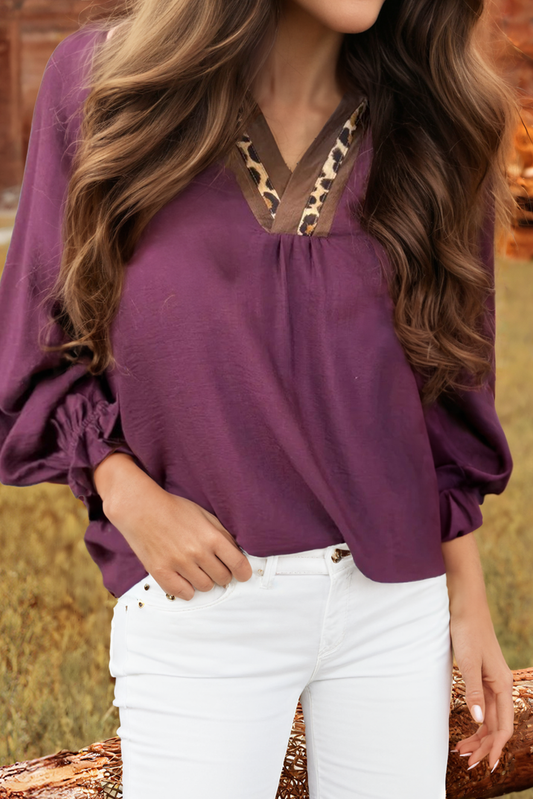 Magenta Leopard Trim  Blouse