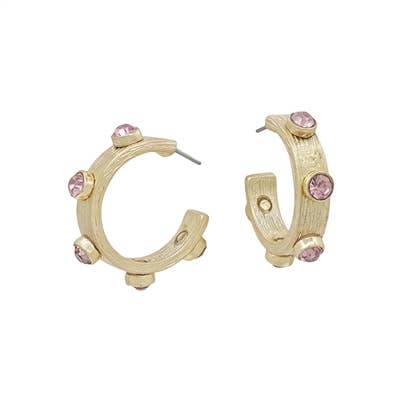 Gold Textured Hoop with Pink Crystal Accents