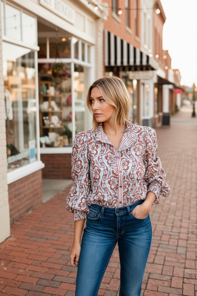 Striped Trim Button Down Smocked Cuffs Shirt