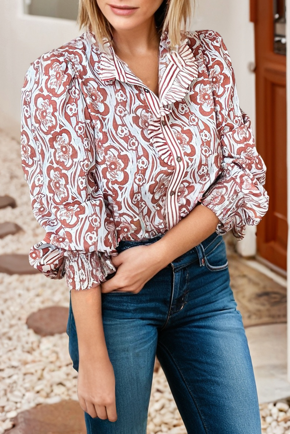 Striped Trim Button Down Smocked Cuffs Shirt