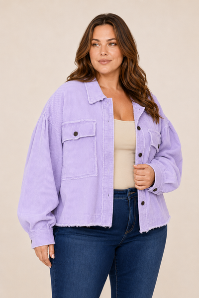 Lavender Raw Hem Oversized Corduroy Jacket