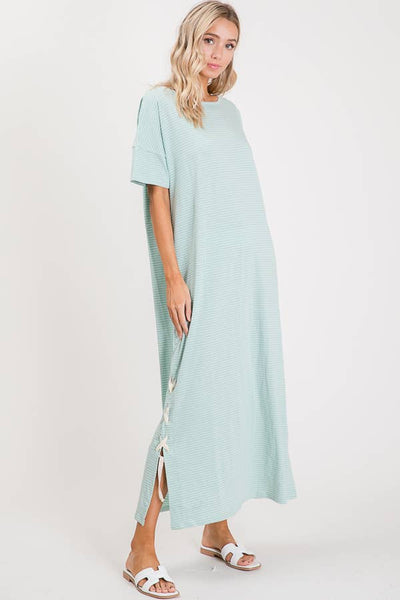 Casual Stripe Lace Up Maxi Dress Mint/Ivory