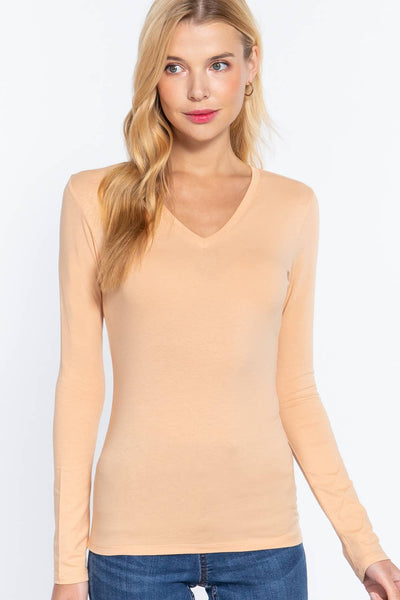 Basic Solid Long Sleeve V Neck Top