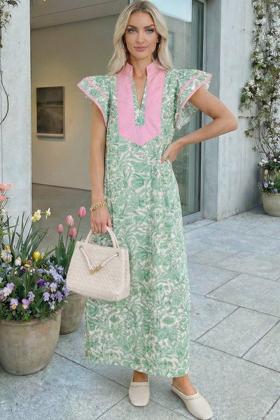Contrast Trim Flutter Sleeve Floral Dress