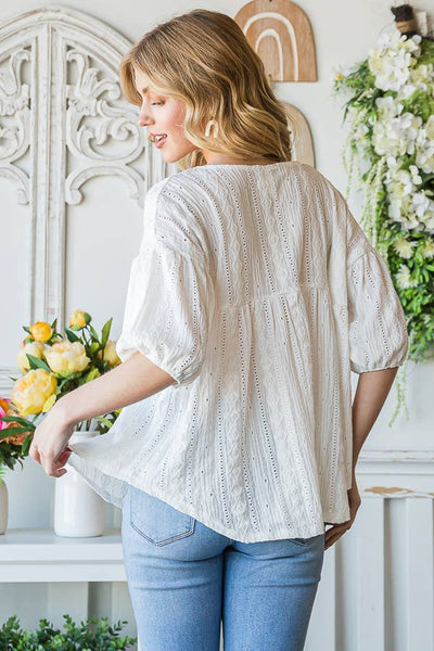 Eyelet Embroidered V-Neck Puff Sleeve Black