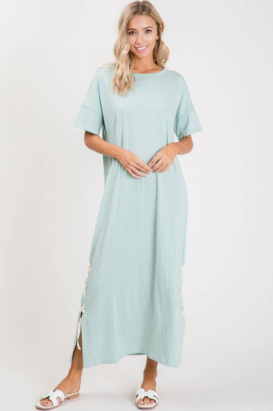 Casual Stripe Lace Up Maxi Dress Mint/Ivory
