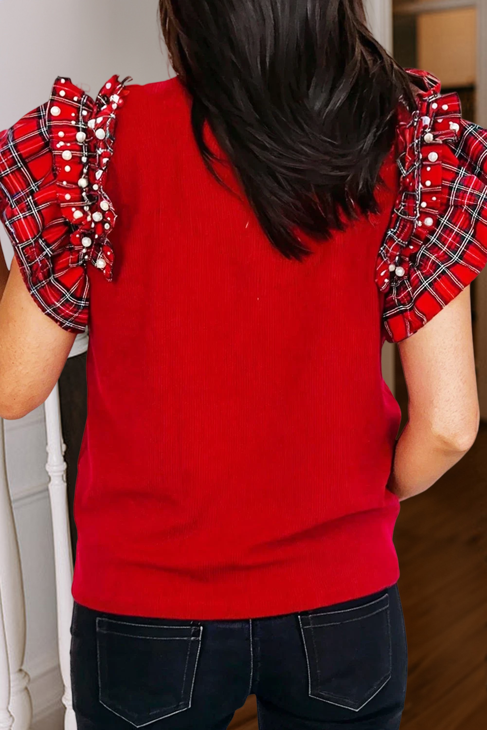 Red Plaid Pearl Festive Top