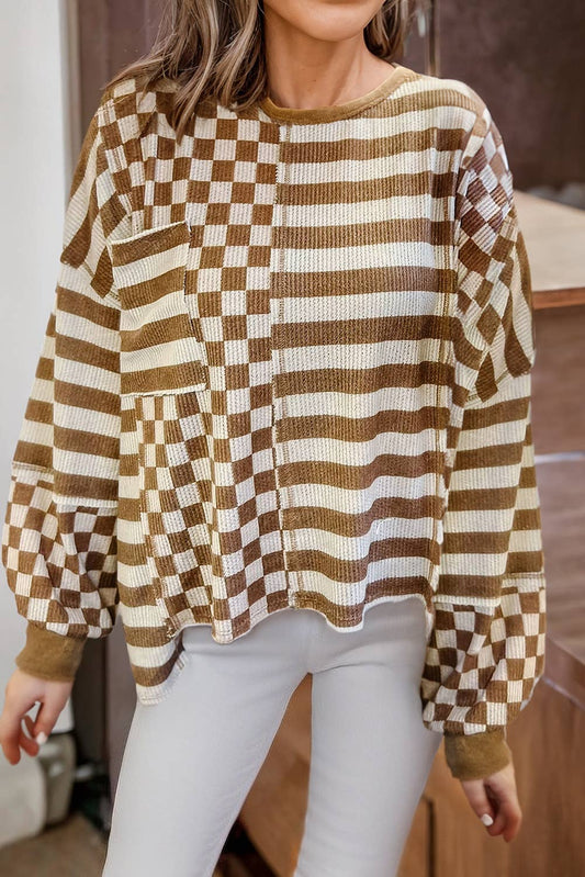 Checkered Striped Puff Sleeve Top*