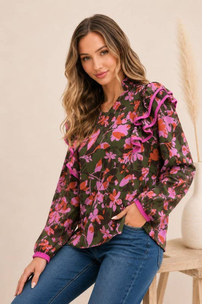 Floral Print Piped Ruffle Long Sleeve Blouse