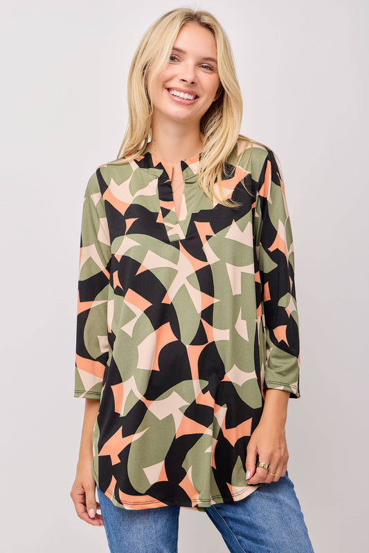 Olive Abstract Notched Collar Top