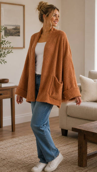 Camel Fleece Pocket Cardigan