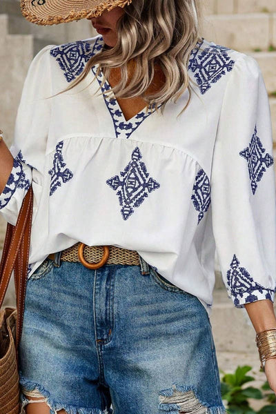 Summer Print 3/4 Sleeve V-Neck Top Pink